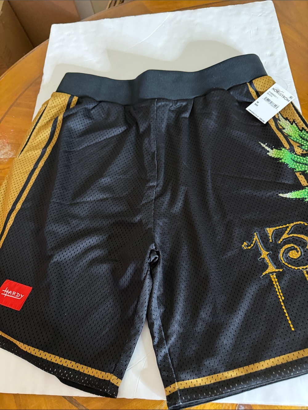 Ed Hardy  weed and skull sequined Black and Gold Men's Athletic Mesh Shorts